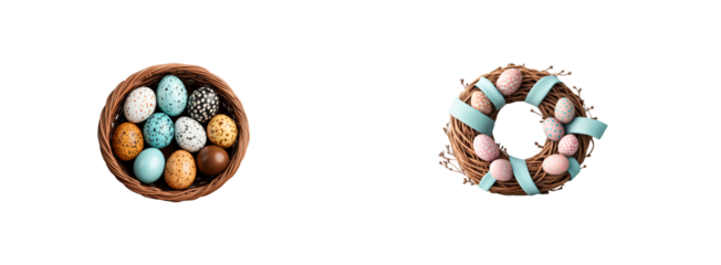 Easter eggs in basket and wreath, pastel colors, holiday preparation, cut out transparent