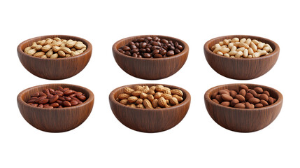 Pack Roasted Peanuts in a Wooden Bowl Set in Different Poses Against Transparent Background for Snack Branding, Food Packaging, or Culinary Marketing