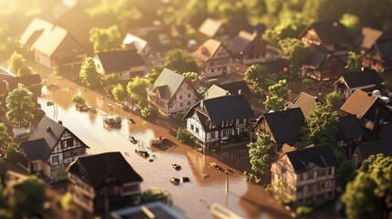 Fototapeta premium Flooded village, houses submerged in rising water