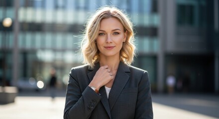 A blonde woman in a black blazer standing in front of a modern glass building with a thoughtful expression