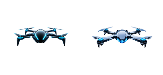 Two futuristic drones with glowing blue lights, cut out transparent