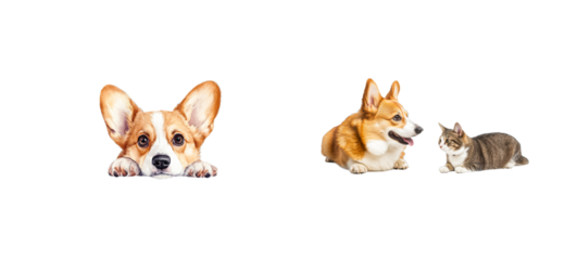 Corgi dog face peek, corgi lying cat looking at each other, cut out transparent