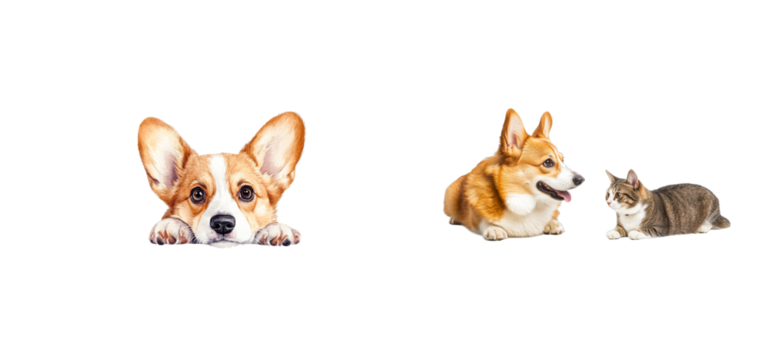 Corgi dog face peek, corgi lying cat looking at each other, cut out transparent