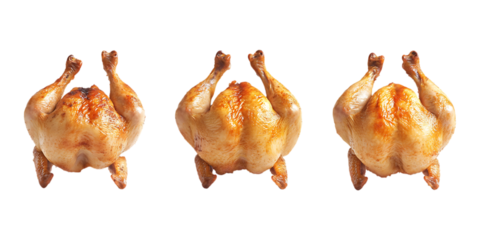 Pack Roasted Chicken Set of Three in Different Poses Against Transparent Background for Food Promotion, Restaurant Branding, or Culinary Advertising