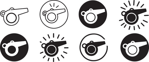   Whistle Icon Collection in Bold and Outline Styles with Sound Effect Lines for Sports, Alerts, Refereeing, and Emergency Concept Designs