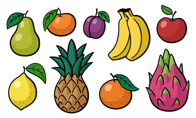 Cartoon fruits collection. Hand-drawn colorful set with bold black outlines, cute tropical and garden fruits, fresh organic produce.