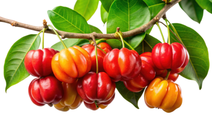 A bunch of ripe acerola cherries hanging from a branch with vibrant green leaves against a white background