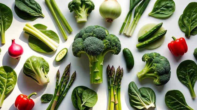 Healthy green vegetables including spinach, broccoli, brussel sprouts, asparagus, pak choi, celery, onion, cucumber, and pepper set against a white backdrop.