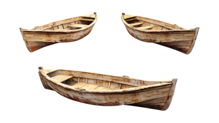 Pack Wooden Boat Set in Different Poses Against Transparent Background for Marine Illustrations, Nautical Branding, or Travel Promotions