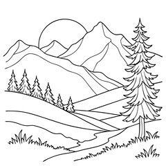 Continuous line drawing of sun and mountain range landscape background	