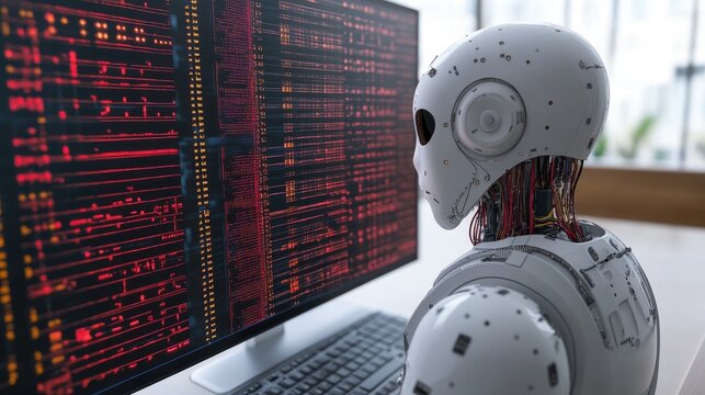 Robotic AI analyzing computer code