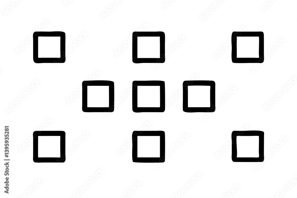Poster a constellation of bold, black squares scattered across a stark white background, creating a simple 