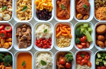 Variety of in-flight meals arranged. Airplane food catering concept, close up view. Food tray, assortment of dishes. Meals, snacks, vegetables, meat cuts. Airline food service.