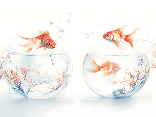 Two fishbowls, one with goldfish jumping out of it into the other bowl, against a white background.