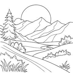 Continuous line drawing of sun and mountain range landscape background	