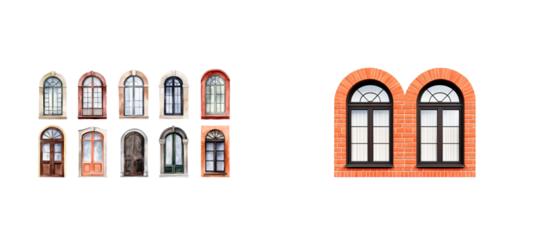 Diverse arches windows collection on black , cut out transparent
