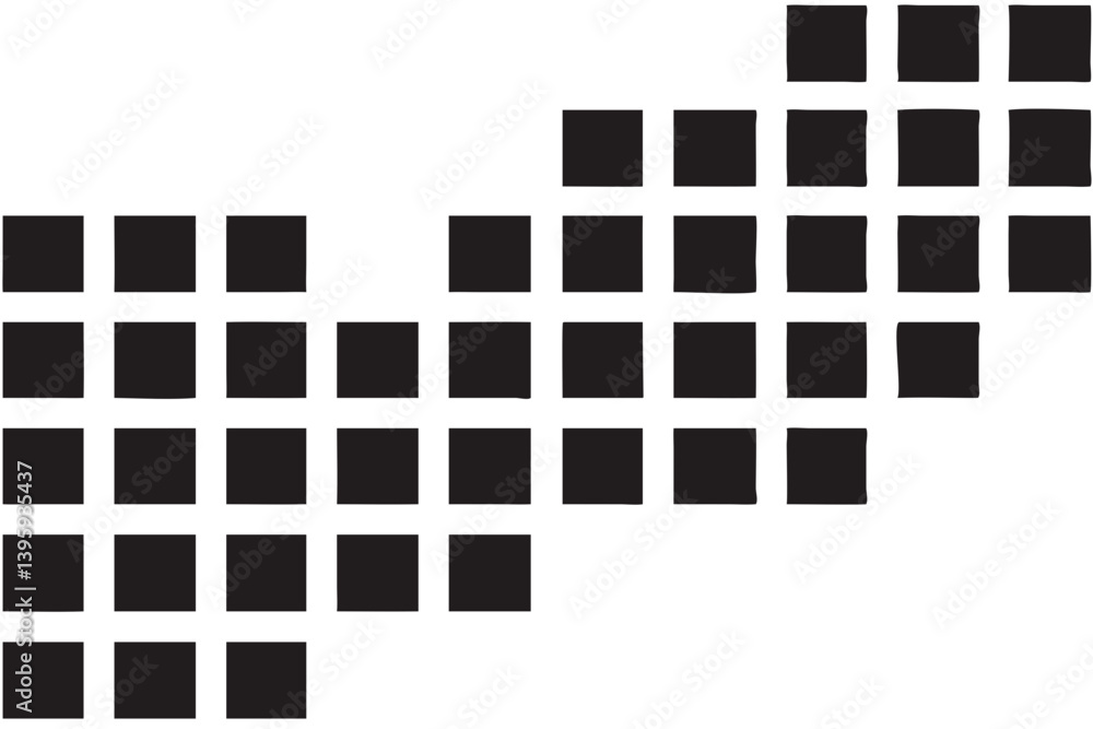 Poster a dynamic cascade of black squares flowing across a stark white canvas, creating a sense of movement