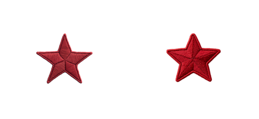 Two red star patches, vintage texture, isolated on black, cut out transparent