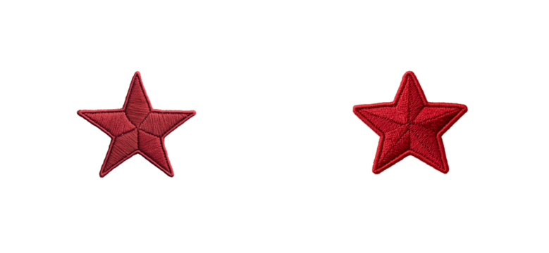 Two red star patches, vintage texture, isolated on black, cut out transparent