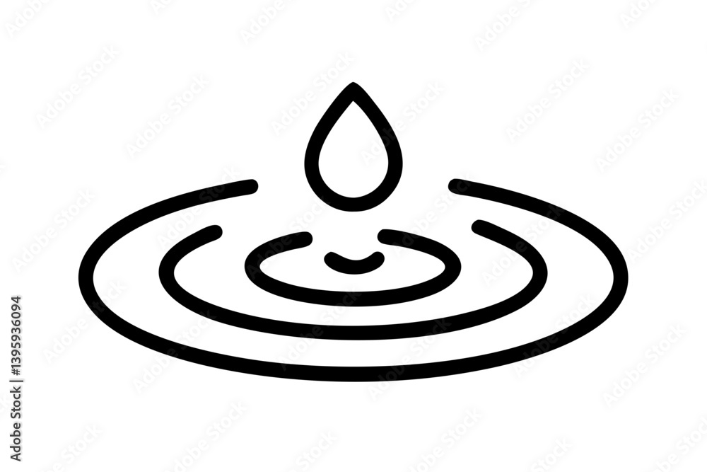 Poster a single drop of water creating calming concentric ripples in still water with bold black line art.