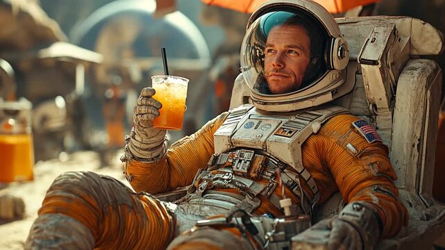Astronaut relaxing, enjoying drink, space themed location, background of people, possible use for space tourism promotion