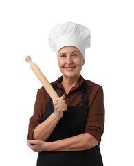 Professional confectioner with rolling pin on white background