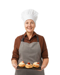 Professional confectioner with choux on white background