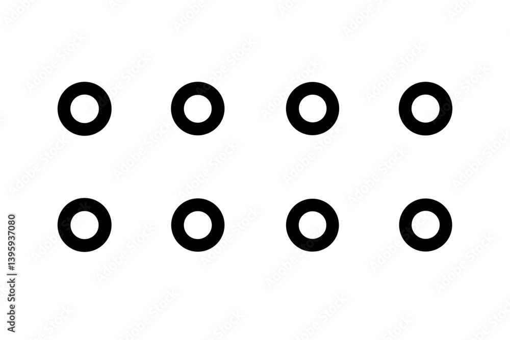 Poster eight bold black circles arranged in a simple grid pattern against a stark white background.