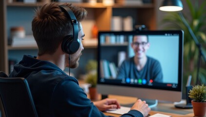 Male student wearing headphones conference video calling, watching webinar, online training class, virtual chat meeting with remote teacher or coach distance learning using computer, taking notes
