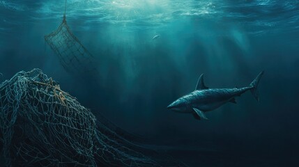 Underwater scene of a shark in polluted ocean with fishing nets