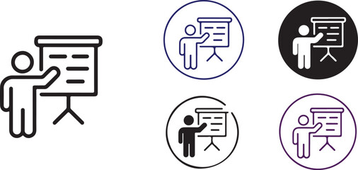 Business Presentation Icon with Presenter and Board in Circular Variations for Corporate Training and Education Concepts
