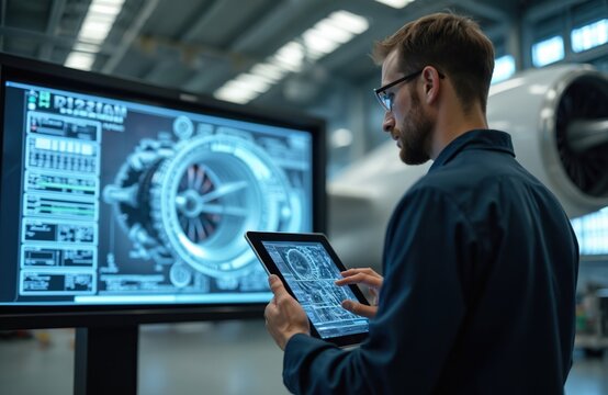 Technician analyzes jet engine performance data using tablet and large display in aviation facility. Man in glasses, modern tech, engineering, monitoring, diagnostic, aircraft maintenance, technology.