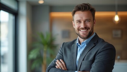 Fototapeta premium Successful businessman in suit smiles. Confident handsome realtor poses in office. Male agent, broker, executive looks camera with friendly face expression. Real estate consultant ready for sale.
