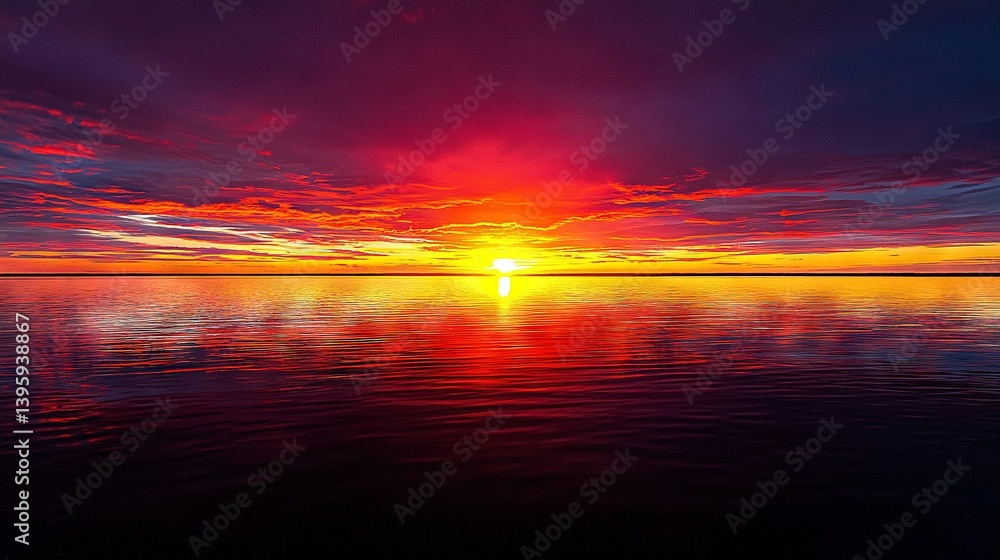 Wall mural a vast expanse of water with a striking sunset reflected on its surface and wispy clouds overhead