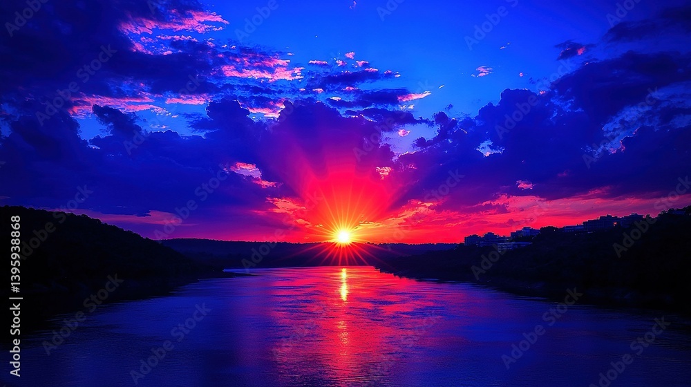 Wall mural sunset on water with trees in foreground and dark clouds in background