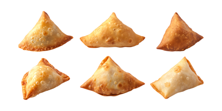 Pack Samosas Set in Different Poses Against Transparent Background for Indian Cuisine, Street Food Branding, or Culinary Graphics