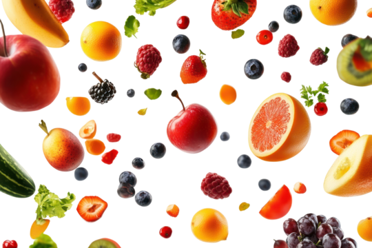 PNG Fruit and vegetable elements flying in the air fruits produce ingredients.