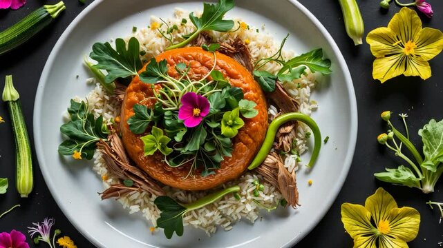 Vegetables roasted with organic rice served on a white plate featuring edible courgette, runner bean, and flowers, adorned with celery leaves against a black backdrop.