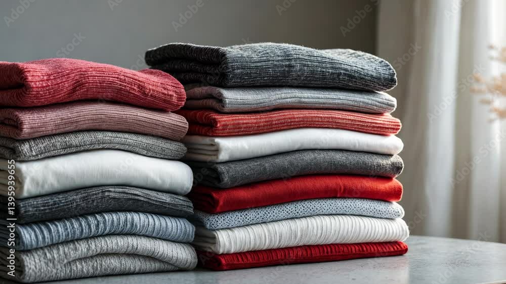 Poster stack of folded shirts in different colors on a table with a space for text. home décor idea.