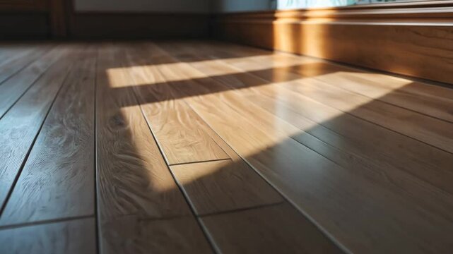 Embossed sheet vinyl flooring that replicates wooden planks pattern during installation, fragment, low angle view in selective focus.