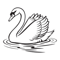 Swan couple floating on a peaceful lake in silhouette illustration