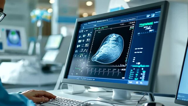 A focused view of a medical imaging computer screen displaying a D ultrasound scan of a pregnant woman's abdomen, with clear, vivid details of the developing fetus, surrounded by