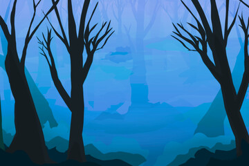 nature background illustration with silhouette of trees in forest with blue mist