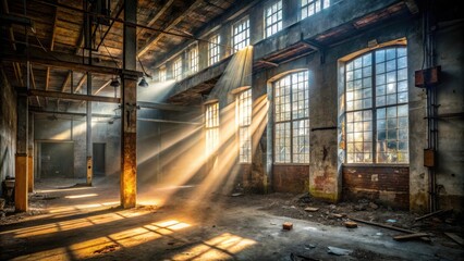 Sunbeams Illuminate Derelict Industrial Space  A Golden Hour Atmosphere in an Abandoned Factory