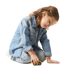 Little girl playing with toy car on white background