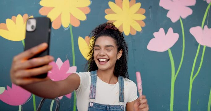 Artist, selfie and woman with smile, confident and photography of wall art for memory or flower decor. Mural, painter and person with picture for social media, influencer or proud of finished artwork
