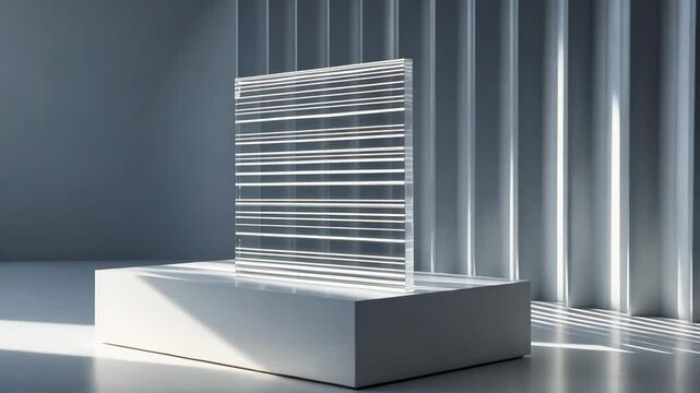 Acrylic sheet with stripe pattern. Clear linear prismatic panel, extruded linear ribbed acrylic sheet. Minimalist abstract graphic design material. Close-up view of transparent plexiglass.