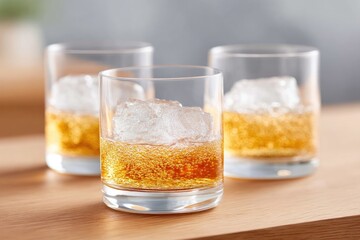 three elegant tumblers with chilled spirits on smooth wooden bar with soft atmospheric lighting offer sophisticated