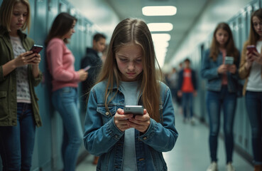 Young girl stares at phone in school hall, surrounded by classmates also using mobile devices. Photo reflects themes cyberbullying, loneliness, teenage depression, social media influence, emotional