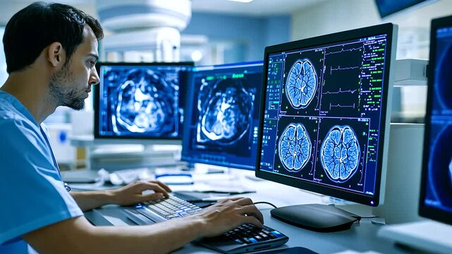 A radiology workstation showing a computer screen with a detailed PET scan, highlighting the presence of tumors in a patient's body, as the technician adjusts settings for further